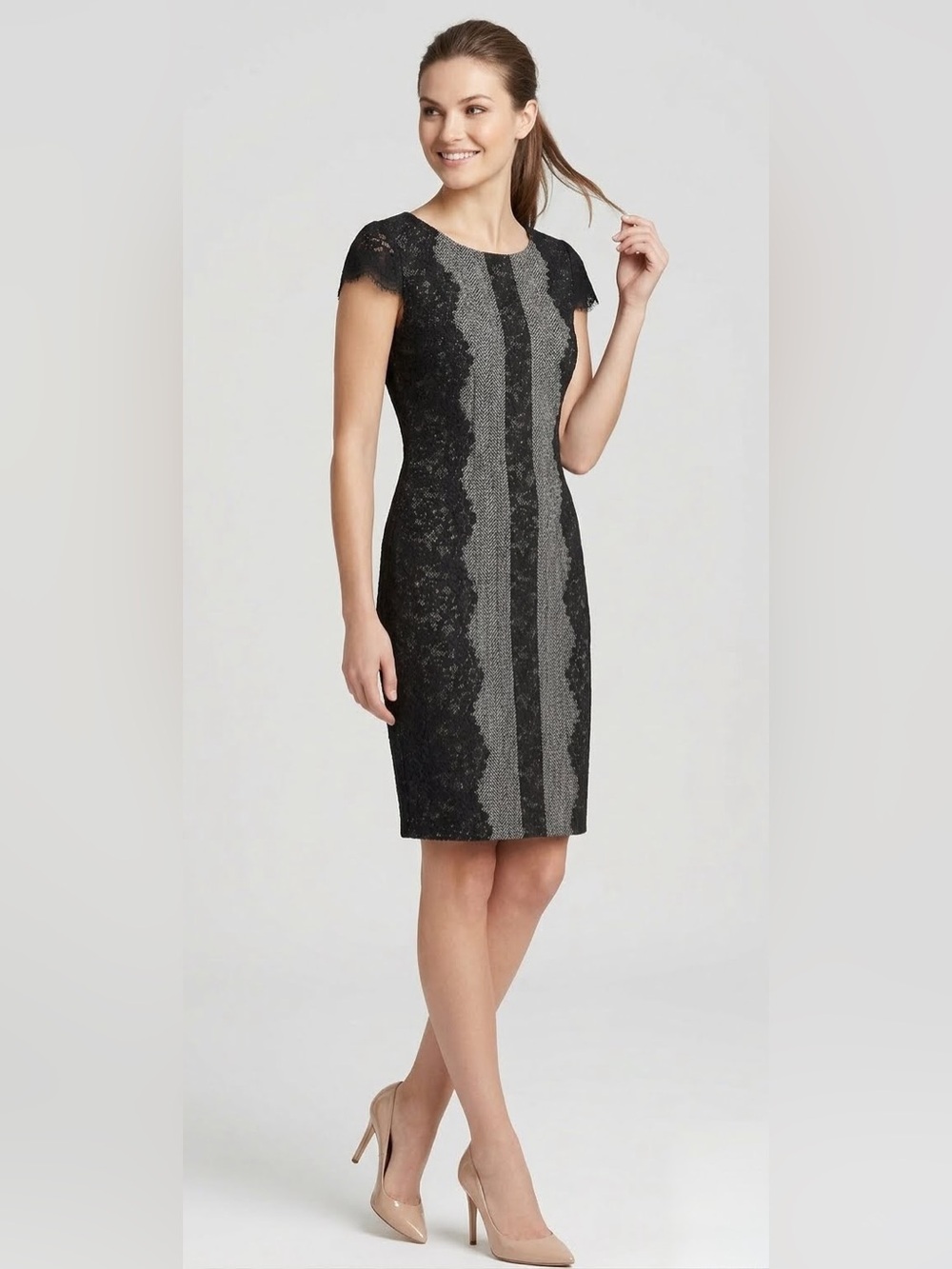 Betsey Johnson Lace Sheath Dress Black Gray Size 6 Cocktail Party Career
